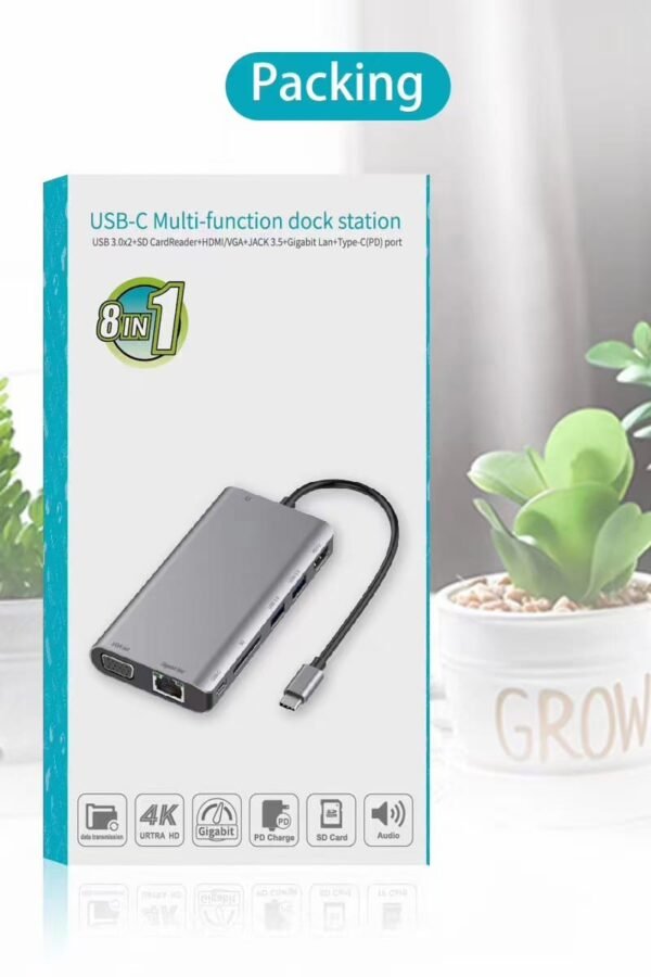 USB C 8-IN-1 Adapter HUB Type-C to 3.5mm AUX, USB 3.0, 4K HDMI, PD Charging, SD/TF Reader AT21300 Laptop Accessory, USB Hub (Grey) In Nairobi Kenya