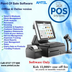 Point of Sale Software in Nairobi Kenya Always Feel free to reach us for ICT solutions Such as Point of sale Software and Hardware. We offer the best stock management solution at a very friendly price. Our POS is the best in market and user-friendly and does not require a lot of computer resources. A full package will cost you Ksh 39,700/=. This include: POS software@15000, a core i3 4gb Ram 500HDD 17″ @11,000, Thermal printer @7500 and a cash drawer@6000. Find the package. Frequently Asked Questions about POS in Kenya What is the cost of the POS software in Kenya? We offer a one off cost of Ksh 15,000/+ per computer plus free installation and training. Is the POS Online or Offline? We have both the online version and offline version. The online version will cost an extra 5k per year for hosting the services. Does the POS system Support KRA e-TIMS Integration? Yes, we have partnered with KRA to enable vendors to generate fiscal receipts with necessary taxes automatically when an invoice is raised. What is the best POS system for small business in Kenya? Our POS System is the best in Kenya as it’s user-friendly and portable. It can work with Windows, Android, Linux etc. as its web based. What is the minimum amount to start POS? With minimum of 26,000, you can have both the POS system @15,000 and a core i3 4GB 500GB HDD @11000. An extra Thermal Printer will cost you 7,500 make the package@33500. We also have cash drawer@6,000 and Barcode Scanners @3,500