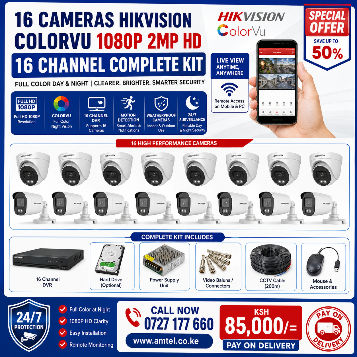 16 Cameras Hikvision ColorVu 1080p 2MP HD 16 Channels Complete Kit with color at night in Nairobi Kenya.